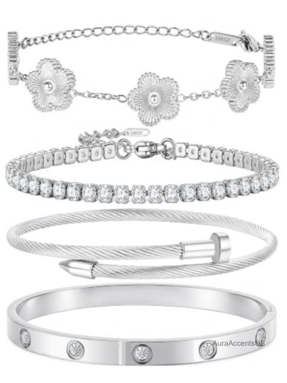 4Pcs Silver Bangle Set for Women Stainless Steel Non Tarnish Stackable Bracelets